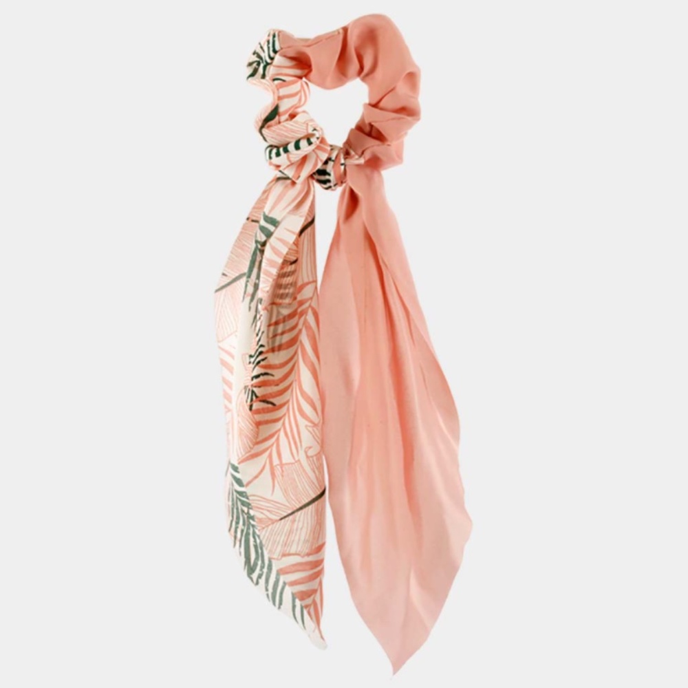 TROPICAL LEAF PRINT SCARF PONY HAIR BAND- PEACH